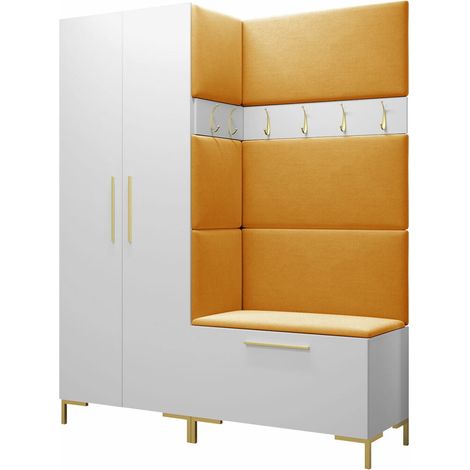Meuble d'entrée Nomal I, Blanc, 196x158x44cm, Stratifié, Tissu, Murale, À poser