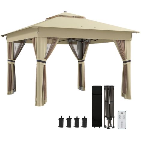 3.36 x 3.36m Pop Up Gazebo Party Tent with Solar-Powered LED Lights, Adjustable Event Shelter with Netting, Khaki
