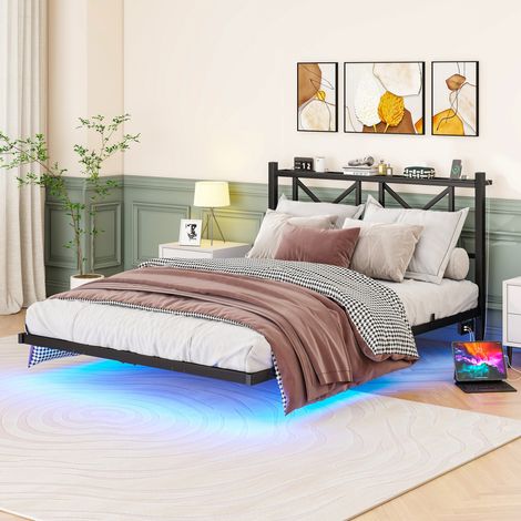 MEUBLIV Letto 140x200 cm nero – LED, testiera con caricatore, senza materasso (1/5)