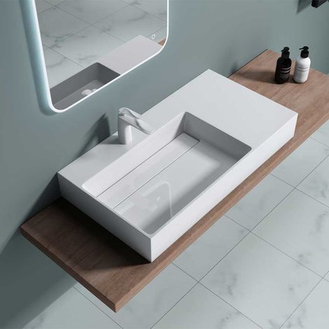 Bathroom Cloakroom 900×500mm Stone Resin Bathroom Basin With Side Hand Shelf - Wall Hung Or Countertop Rectangular Sink - No Waste Required - Durovin Bathrooms (1/5)