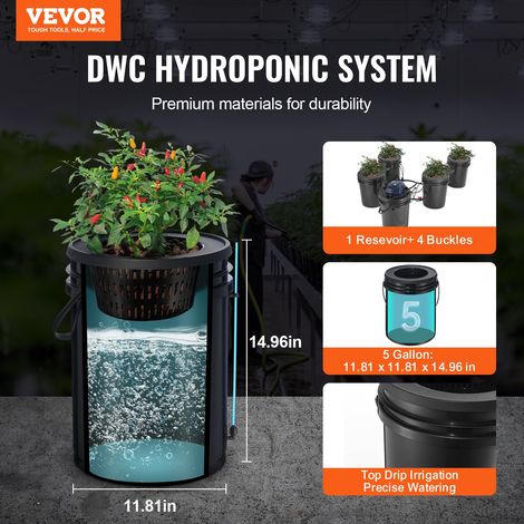 Système de Culture Hydroponique RDWC, Kit Goutte à Goutte Supérieur, Culture en Eau Profonde à Recirculation 20 L 4 Seaux, avec Pom… (1/5)