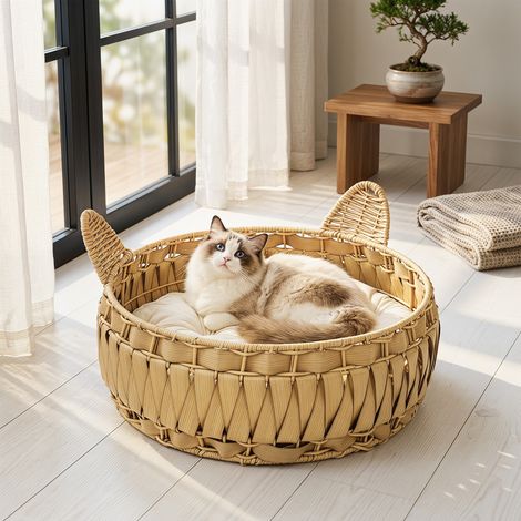 Panier pour chat en rotin, niche avec coussin amovible, pour chats jusqu'à 10 kg, 50 x 50 x 25 cm, marron clair (1/5)