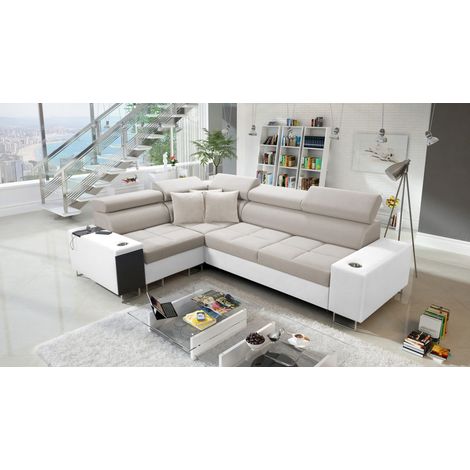 Elegantes Ecksofa mit Konsole und Ladegerät MORENA II Kunstleder/Uttario Velvet Weiß/Beige Links (1/5)