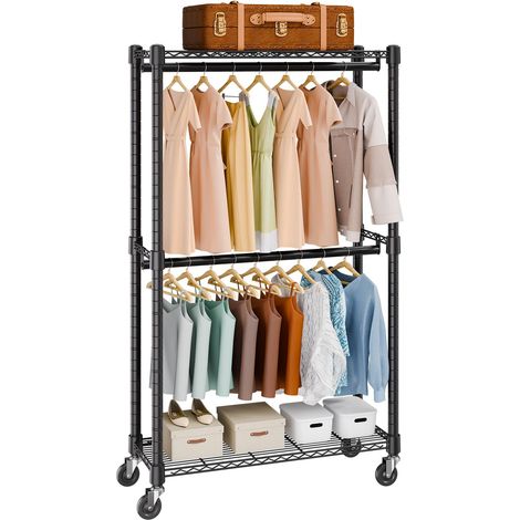 Portant à Vêtements Mobile Porte-Manteau avec Roulettes 2 Tringles Étagères Supérieur et Inférieur Penderie à Vêtements en Acier Charge 136 kg Vestiaire Mobile pour Rangement Chambre à Coucher (1/5)