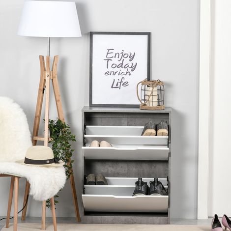 Moderner Schuhschrank mit 2 Klappschubladen und verstellbaren Einlegeböden für 8 Paar Schuhe, 62,5 x 26 x 81 cm, Grau