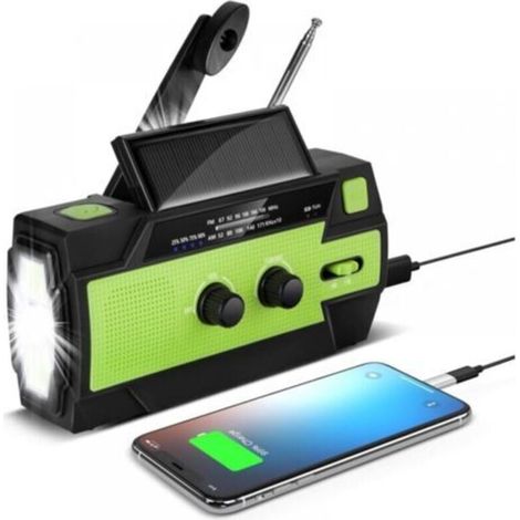Portable Hand Crank Solar Radio Rechargeable Dynamo Radio with AM/FM/WB Built-in 4000mAh Rechargeable Battery 4 Modes LED Flashlight SOS Alarm for Outdoor Emergency,Green (1/5)