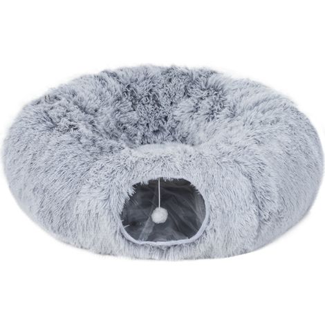 Katzentunnel für drinnen mit Donut-Bett, waschbarem runden Kissen, 90 x 80 x 27 cm, hellgrau