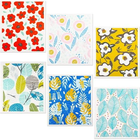 Chiffon suédois réutilisable 6 pièces, mélange fleurs et feuilles d'arbre, chiffon absorbant et séchage rapide pour cuisine, torchon écologique et durable (1/5)