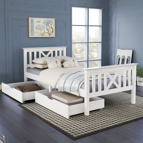 3FT Single Bed with Drawers Wooden Bed Frame Single Storage Bed For Adults, Kids, Teenagers, 90x190 cm, White