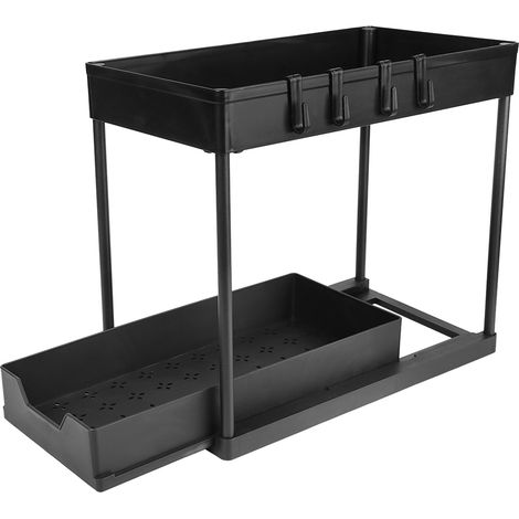 Haloyo – Étagère de rangement sous évier 2 niveaux – Tiroir coulissant – Plastique ABS – Dimensions 25,5 x 10 x 43,5 cm – Support pour épices noir - Bain-2