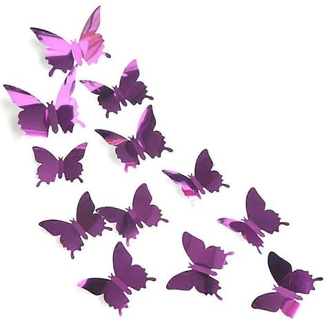 Lot de 24 autocollants muraux papillons effet miroir 3D pour la décoration intérieure ou les fêtes (violet)