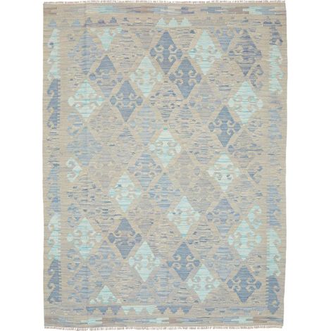 Tapis d'orient 150 x 196 cm, motif géométrique, bleu, beige et vert, en laine naturelle, tissage plat artisanal (1/5)