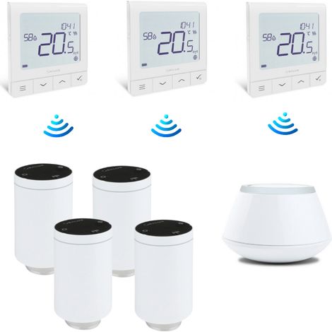 Pack de 4 têtes connectées TRV10RFM + centrale UGE600 + 3 thermostats SQ610RF – Contrôle intelligent chauffage – Économie d'énergie – Salus