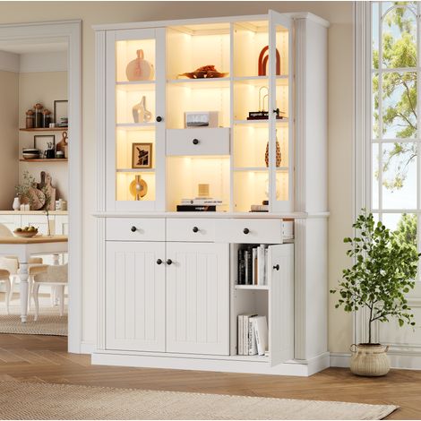 REDOM vitrina 119.5x40x180 cm, 21 compartimentos y 4 cajones, luces LED, MDF y vidrio templado, blanco (1/5)
