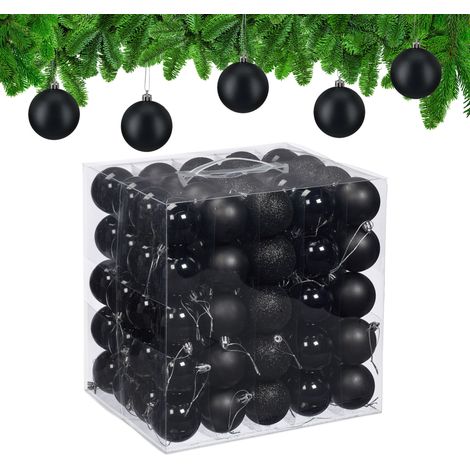 Relaxdays Weihnachtskugeln im 100er Set, Kunststoff, D: 6cm, runde Weihnachtsbaumdeko, Baumschmuck bruchsicher, schwarz