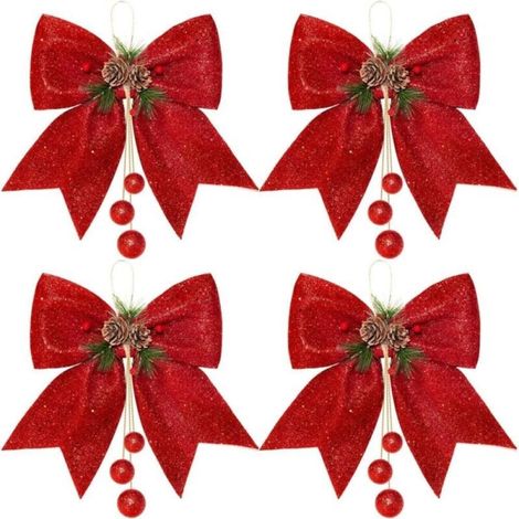 Nœuds de noël à paillettes, nœuds de couronnes rouges, nœuds d'arbre de noël à paillettes, nœuds décoratifs de noël pour la maison, 4 pièces (1/4)