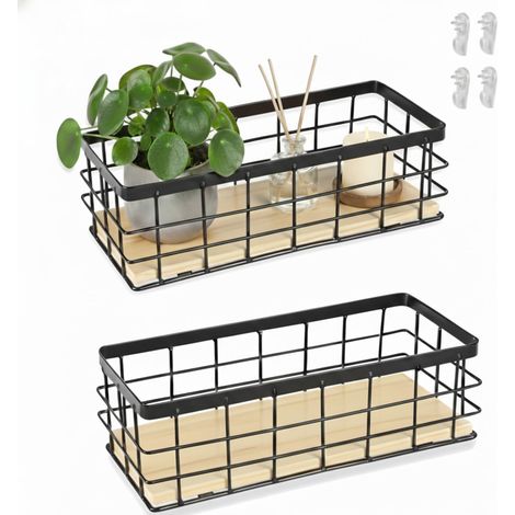 panier rangement, panier rangement salle de bain, panier en métal, maison et cuisine,mural, panier en métal avec fond en bois amovible pour fruits, en-cas, cuisine, garde-manger，Lot de 2 noir (1/5)
