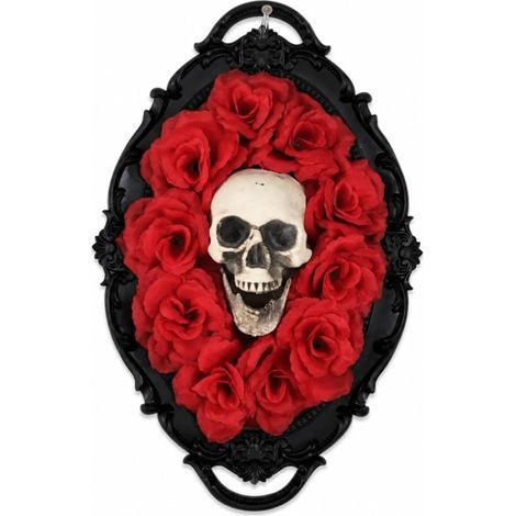 JSSEVN - Halloween-Totenkopf-Wanddekoration, Vintage-Gothic-Skulptur mit rosarotem Rahmen, gruselige Spinnennetz-Hängedekoration 37x22 (1/5)