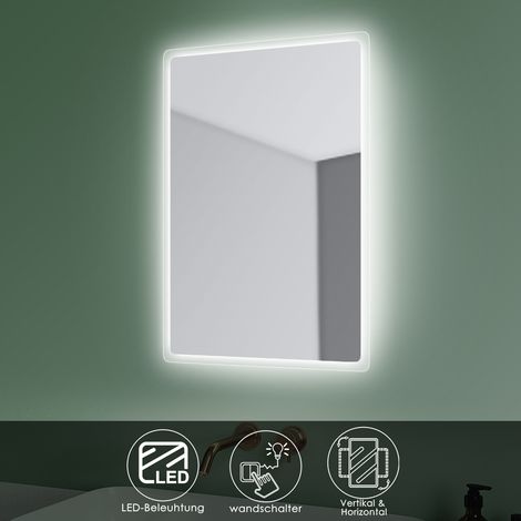SONNI Badspiegel Led Beleuchtung Badezimmerspiegel mit led Kaltweißer Beleuchtung 60x40 cm Vertikal/Horizontal Wandschalter Schutzklasse IP44