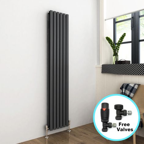 ELEGANT 1800 x 360 mm Anthracite Modern Vertical Column Radiator Oval Double Panel Designer Heater + Thermostatic Radiator Valves (1/5)