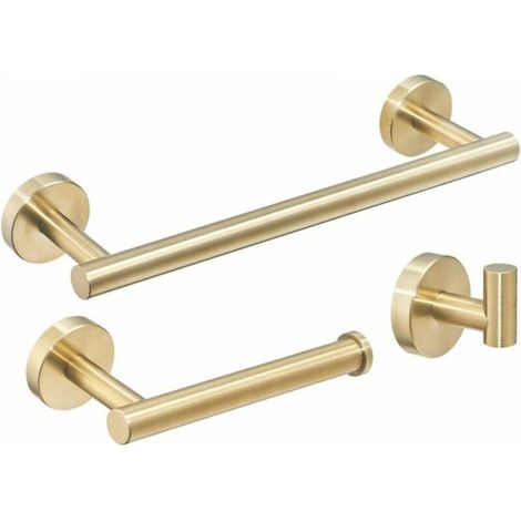 3 Piece Bathroom Accessory Set, 30cm Towel Holder, Toilet Paper Holder, Robe Hook, Brushed Gold (1/5)