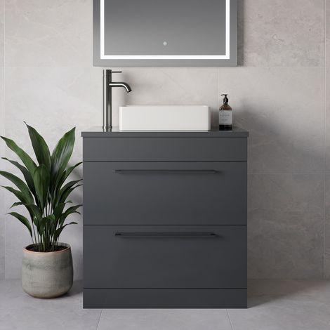 Napoli 390 Gloss Grey 800mm 2 Drawer Vanity Unit for Countertop Basins - 800mm - Gunmetal Grey 480mm Handle