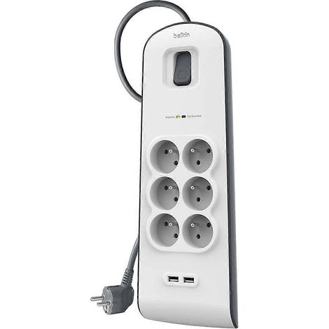 Rallonge multiprise avec protection contre les surtensions (6 prises) et 2 ports USB-A, câble de 2 mètres, blanc/gris (1/5)