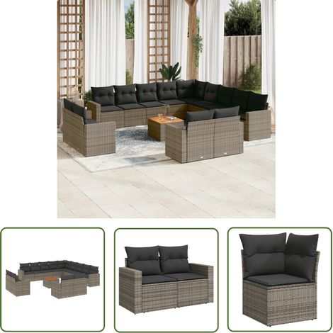 The Living Store 14-tlg. Garten-Sofagarnitur mit Kissen Grau Poly Rattan - Gartenmöbel Set - Esszimmergarnitur - Outdoor Möbel - Lounge Garnitur - Rattan Gartenmöbel (1/5)