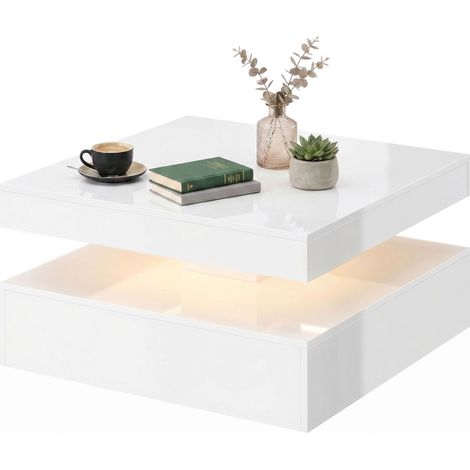 LED-Couchtisch mit Stauraum, moderner 2-stufiger Tisch mit offenem Fach und Fernbedienung, Hochglanzweiß (1/5)
