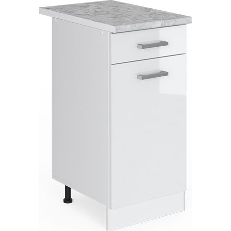 Base universale R-Line, Bianco lucido, 40 cm con cassetto, con piano di lavoro, Vicco