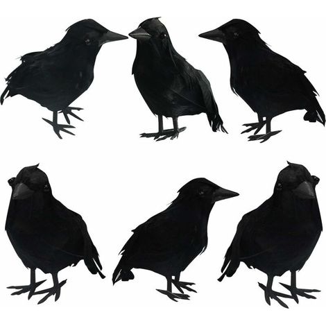Corbeaux à Plumes Noires D'Halloween, Paquet De 6 Oiseaux De Décoration D'Halloween Avec De Vraies Plumes (1/5)