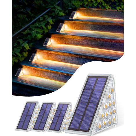 Lampe Solaire Exterieur - 4 Pièces Lampes Solaires pour Escaliers - 13 LEDs Blanc Chaud - IP65 Éclairage étanche pour Jardin, Patio, Garage, Marche, Escaliers