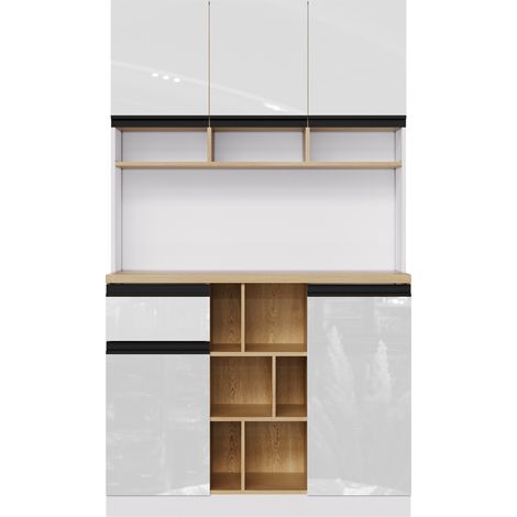 Buffet de cuisine blanc moderne 105 x 45 x 185 cm avec portes brillantes, tiroirs et étagères (1/5)