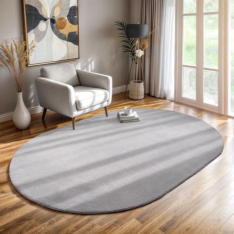 Tapis Moderne Moelleux à Poils Courts, antidérapant, Lavable Jusqu’à 30°C, Super Doux, Aspect Fourrure, pour Salon et Chambre, décoratif, Gris, 140 x 200 cm Ovale (1/3)
