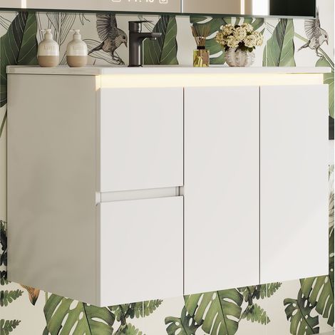Mueble lavabo suspendido 76x47x57 cm de MDF y cerámica blanco con LED - MEUBLIV (1/5)