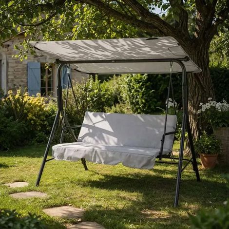 Balancelle d'extérieur 3 places noire et blanche avec toit ajustable (1/3)