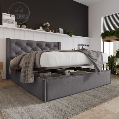 Lit double hydraulique lit rembourré 140x200cm, lit avec sommier à lattes en métal, cadre de lit moderne avec espace de rangement, coton, gris Type A (1/5)