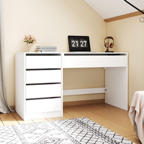 Bureau droit 120 × 50 × 78–92 cm – Réglable en hauteur avec 4 tiroirs – Bureau d'ordinateur et coiffeuse – Doté réglage manuel de la hauteur et espace de rangement (1/5)