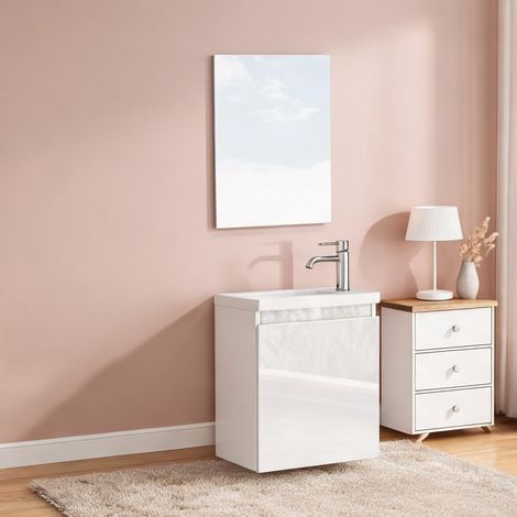 Meuble vasque suspendu blanc brillant 40 cm avec miroir en MDF (1/5)