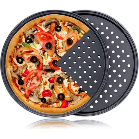 Lot de deux plateaux à pizza ronds en acier carbone anti adhérents pour cuisson au four et au four à pizza