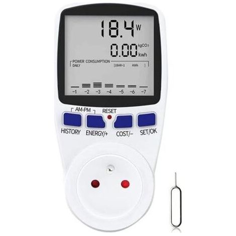 Wattmètre, Prise Compteur d'Énergie Numérique, Mesure Consommation Electrique, Prise Consommation d'Énergie avec 7 Mode et Lécran LCD, Prise Wattmetre, 16A Protection de Surcharge (1/5)