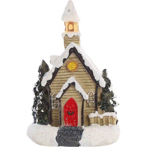 Maison De Village De Noël - En Résine - Avec Lumières Led Blanc Chaud - Fonctionne Sur Piles - Dimensions 7 x 5 x 10 cm - 1 Pièce (1/5)