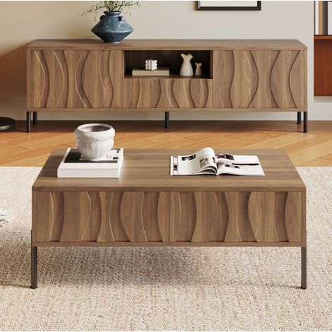 Ensemble de salon avec tiroirs et rangements, meuble TV 160 cm et table basse 105 cm, naturel (1/5)