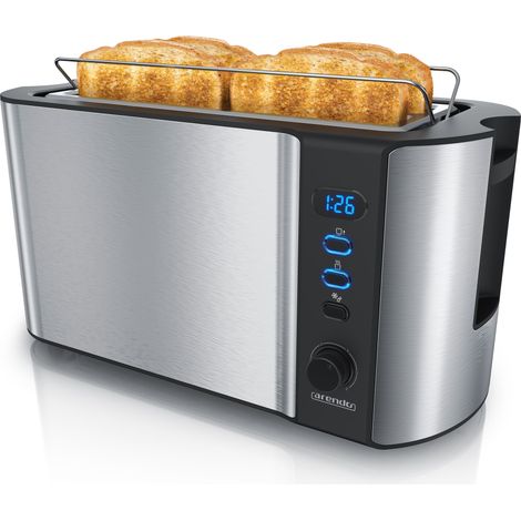 Arendo Toaster für 4 Scheiben, 1500W, Langschlitz, Wärmeisoliert, Brötchenaufsatz, Display, silber/schwarz (1/5)