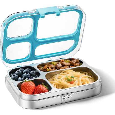 Boîte Bento en Acier Inoxydable 304 800ml pour enfants Boîtes-Repas 4 Compartiments Boîte Lunch Boite pour Le Déjeuner Alimentaires Bento Box étanches, lavable au lave-vaisselle, Bleu (1/5)