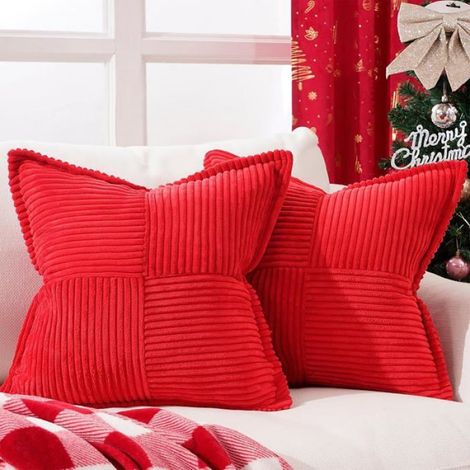 Lot de 2 Housse de coussin, Velours côtelé, Fermeture éclair cachée, Motif rayures, Salon Chambre (1/5)
