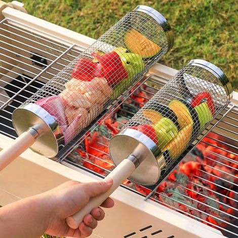 Deux paniers à barbecue à roulettes, poignées amovibles, en acier inoxydable 304, accessoires pour barbecue de légumes, équipement de barbecue de camping en plein air (45 x 9,5 cm)