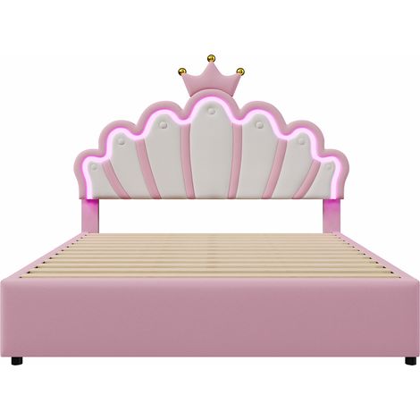 Lit capitonné 140 x 200 cm, sans matelas, éclairage d’ambiance télécommandé, lit avec 2 tiroirs, lit princesse en forme de couronne, tête de lit réglable, PU, rose (1/5)