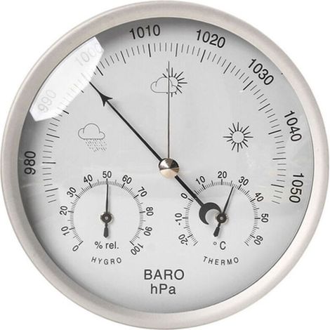 Estación meteorológica analógica 3 en 1: barómetro, termómetro, higrómetro, acero inoxidable, Ø133 mm - Esfera en blanco y negro, sin pilas. (1/4)
