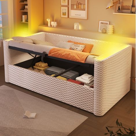 Tagesbett mit Stauraum LED 90x200 aus Samt Beige OKMYHOME (1/5)